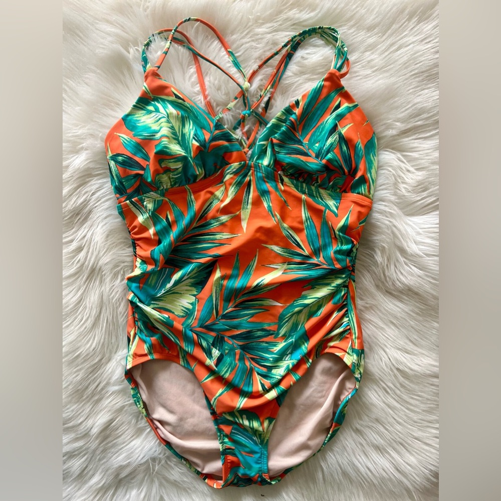 Orange leaf print one piece swimsuit